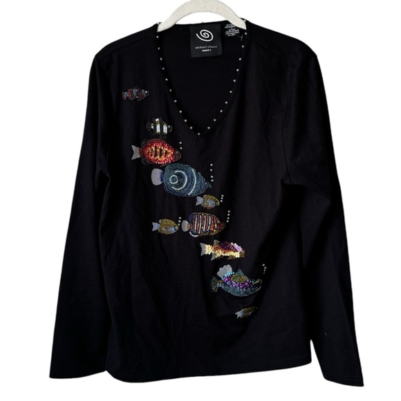 Michael Simon event fish underwater beaded‎ black shirt - Picture 1 of 7